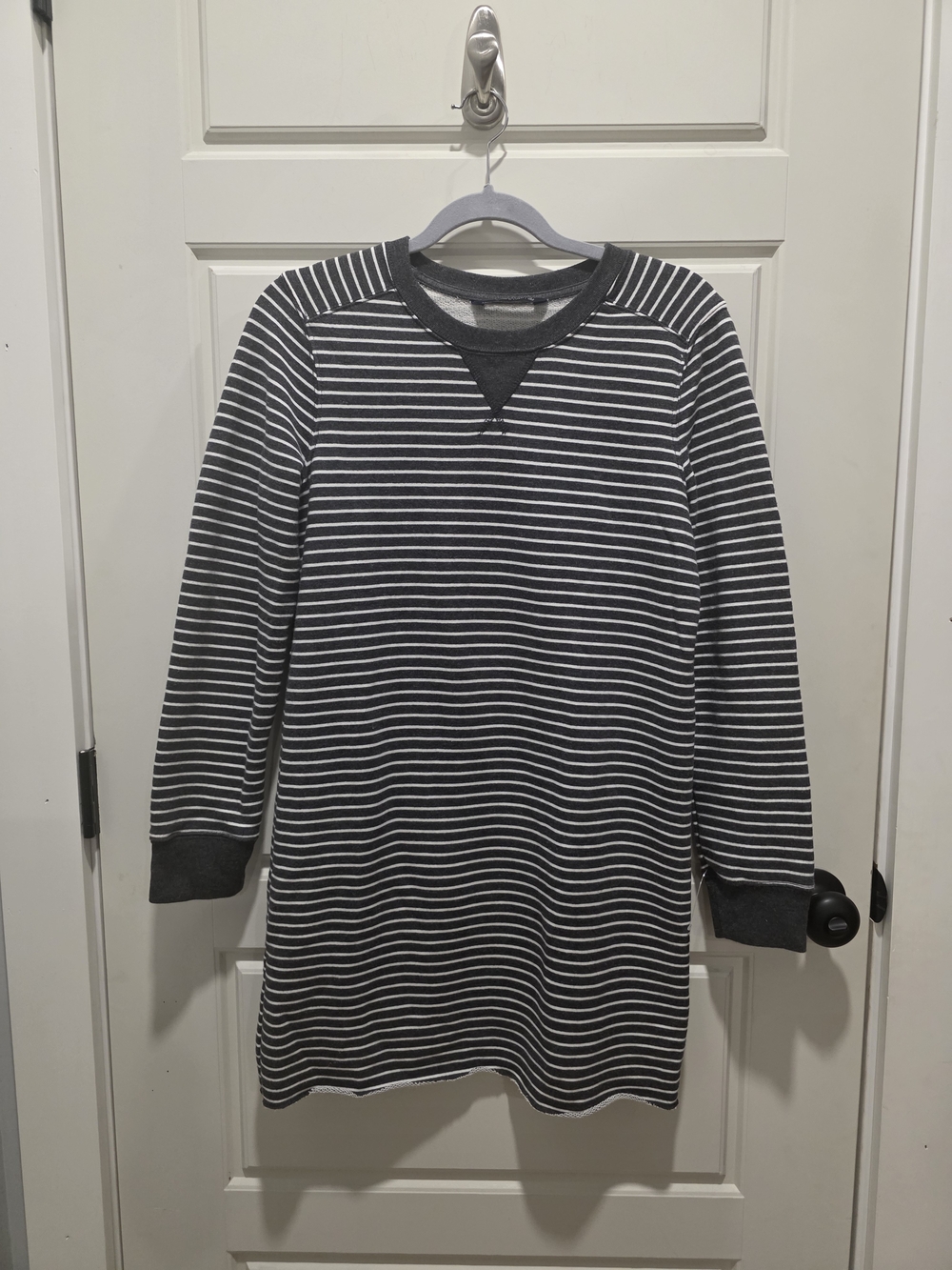 Gray and White Striped Crewneck Sweater Dress
